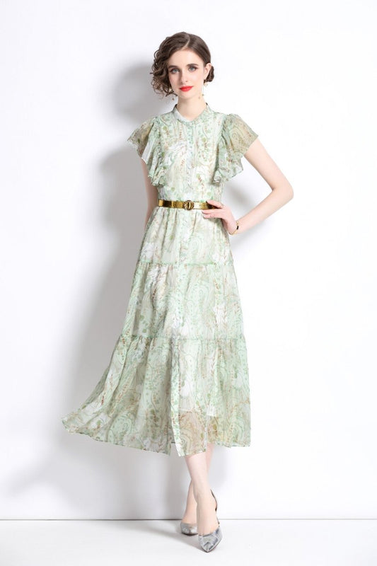 Ruffled Short Sleeve Belted Mint Green Midi Dress DZA