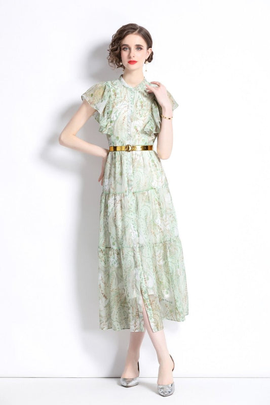 Ruffled Short Sleeve Belted Mint Green Midi Dress DZA