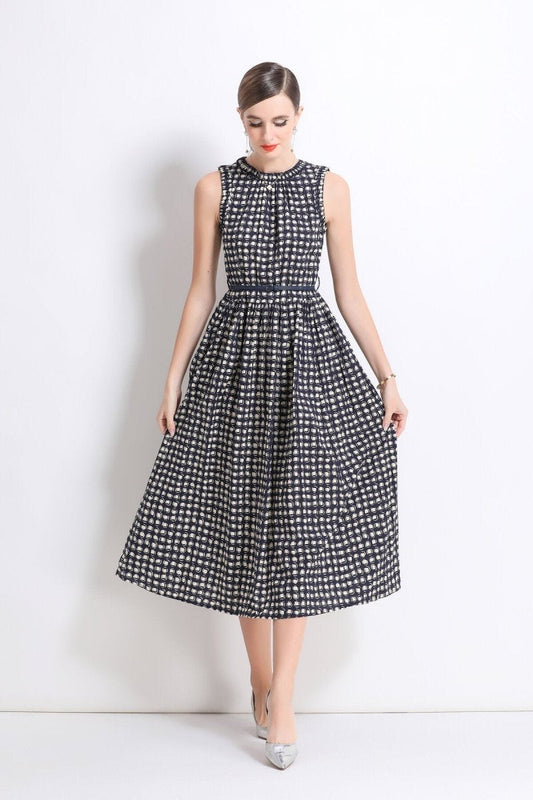 Vintage Checkered Sleeveless Midi Dress with Belt DZA