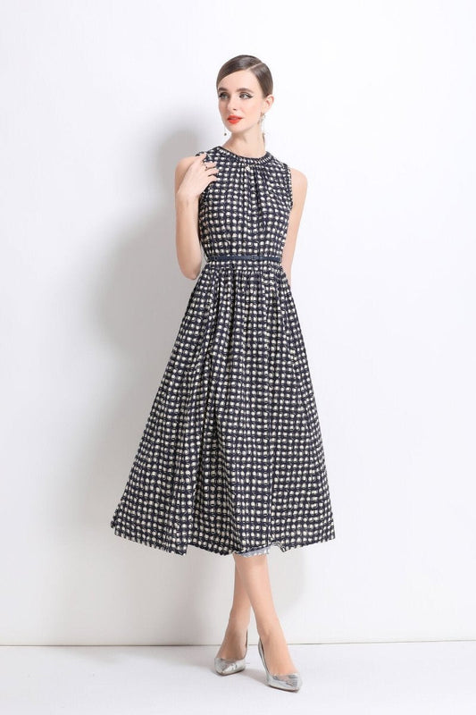 Vintage Checkered Sleeveless Midi Dress with Belt DZA