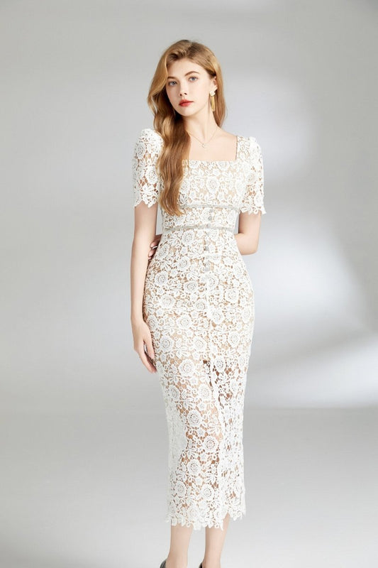 White Floral Lace Cut Out Dress DZA