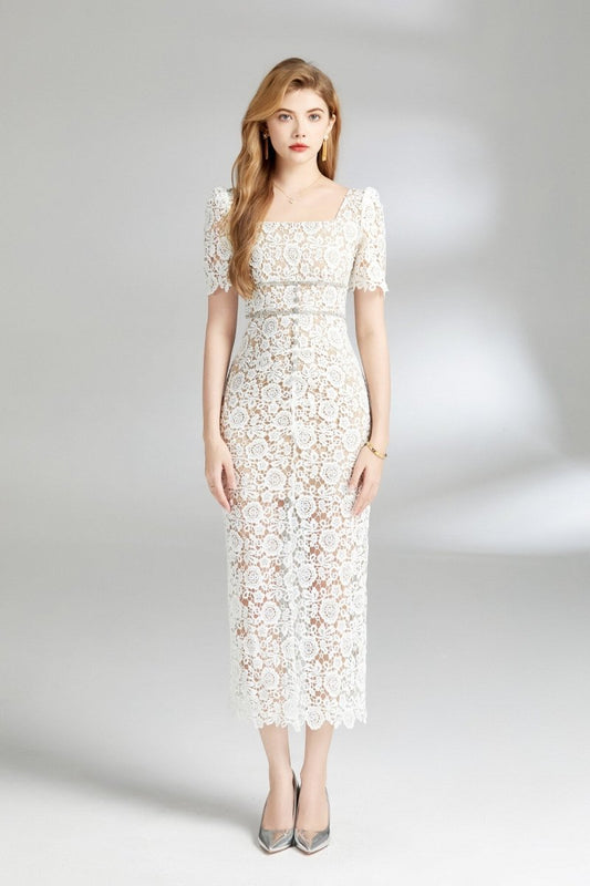White Floral Lace Cut Out Dress DZA