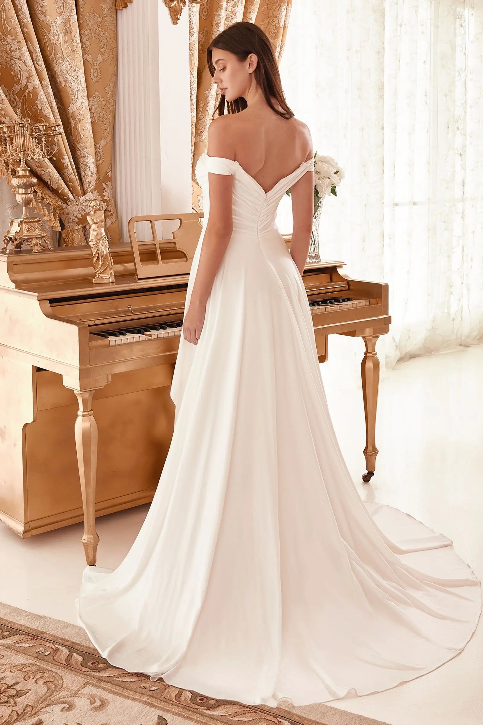 Draped Off The Shoulder Bridal Gown With Overskirt - Linford.com
