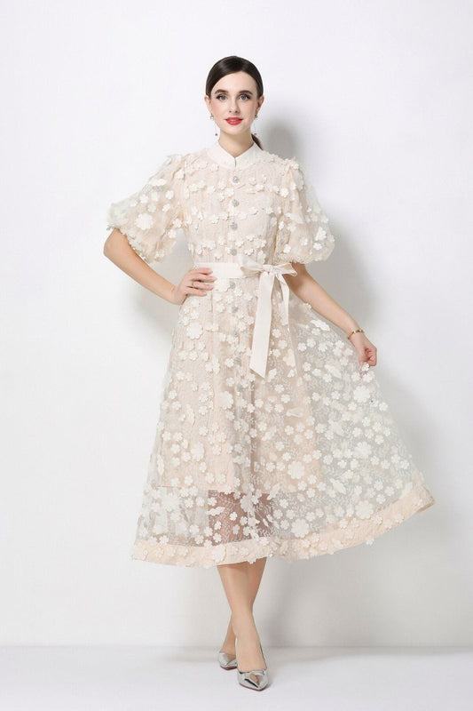 Women's 3D Floral Mesh Midi Dress with Belted Waist DZA