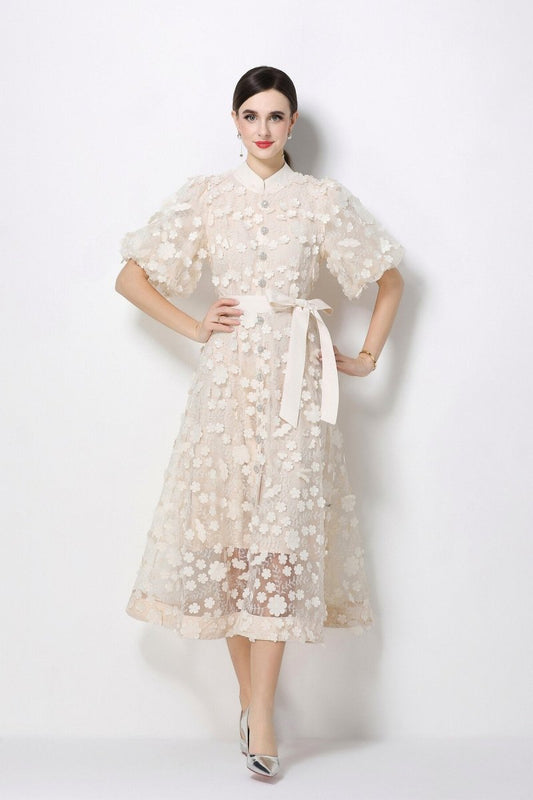 Women's 3D Floral Mesh Midi Dress with Belted Waist DZA